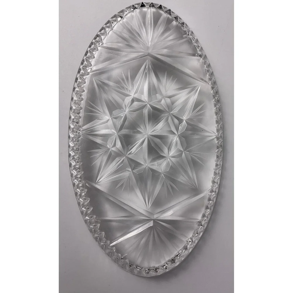Vintage Clear Glass Oval Relish Dish Starburst‎ Pattern Scalloped Edge Tray